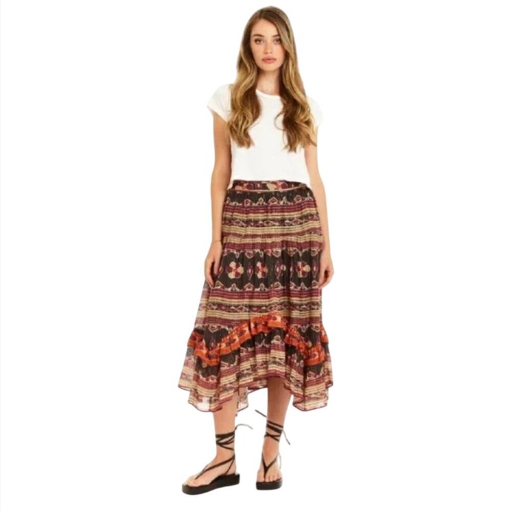 NWT Love the Label Mia Midi Skirt Womens XS Black Orange Veronique Print NEW